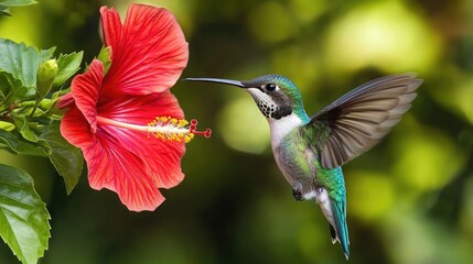 Fototapeta premium A beautiful hummingbird caught mid-hover near a red hibiscus flower