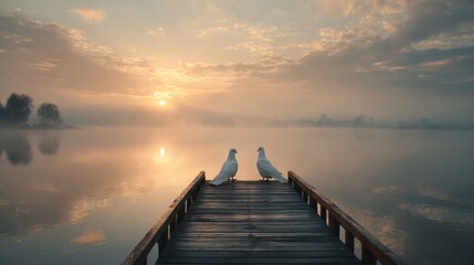Tranquil sunrise over lake with misty sky and two seagulls on wooden pier