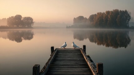 Peaceful morning lake scene with seagulls on wooden pier and misty trees