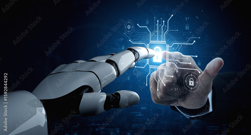 Poster ai safeguarding cyber security system, monitoring threats, analyzing attack patterns, and securing d