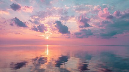 Serene sunset over tranquil ocean with vibrant pink and purple clouds
