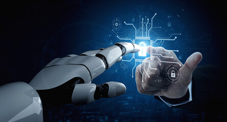 AI safeguarding cyber security system, monitoring threats, analyzing attack patterns, and securing...