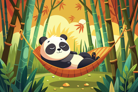 Cute giant panda bears, wild animals in a green bamboo forest, illustrated as vector art
