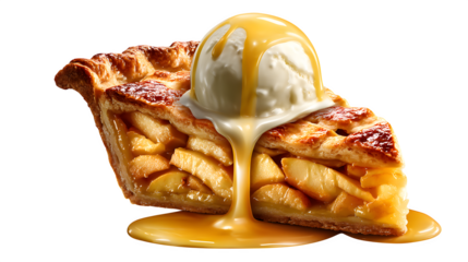 Apple pie slice with melting vanilla ice cream isolated on transparent background