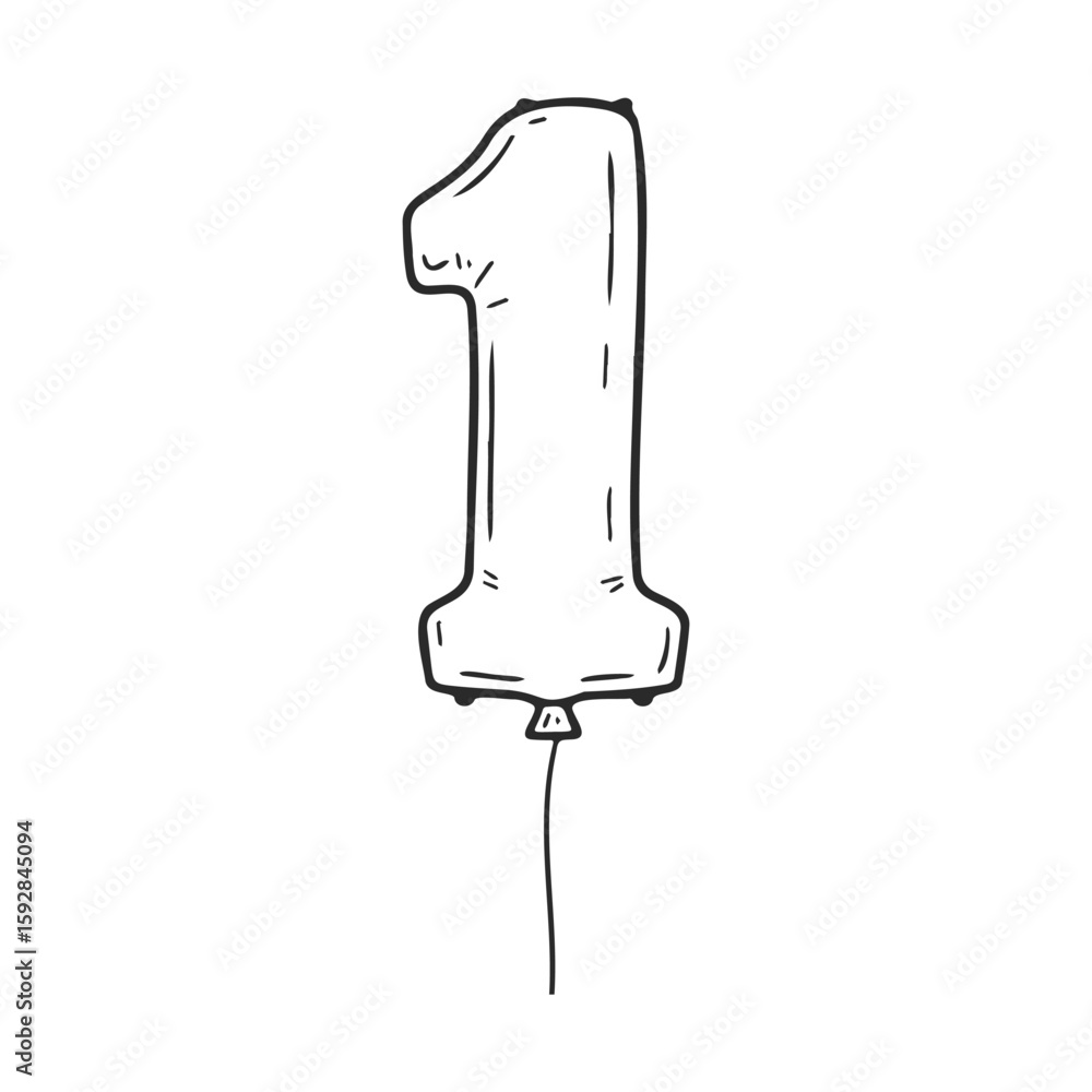 Poster black and white sketch of number one balloon floating with string
