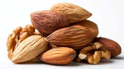 Close-up of natural unshelled almonds and walnut pieces on white background highlighting texture