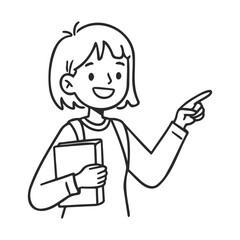 Cartoon young female student pointing and smiling with book in hand