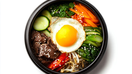 Vibrant Korean bibimbap bowl with colorful vegetables, fried egg, and sesame seeds on white background