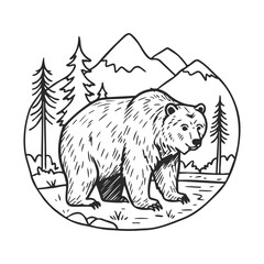 Obraz premium Hand-drawn grizzly bear in mountainous forest landscape illustration