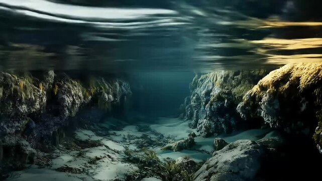 Split-level view of a shoreline and underwater landscape