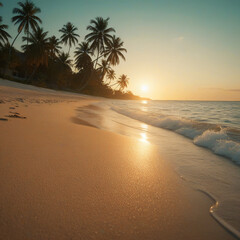 Sandy shoreline at sunset with palm-tree silhouettes and golden waves