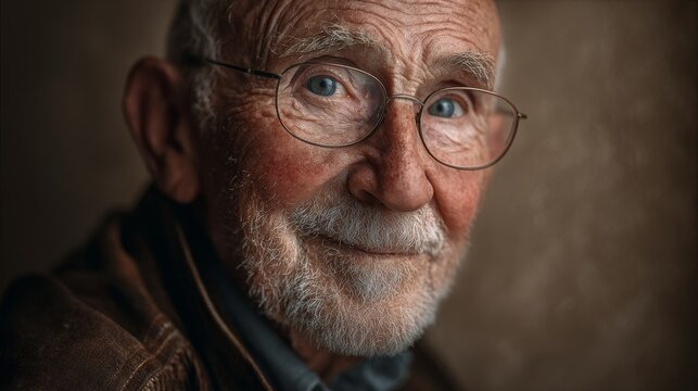 Elderly caucasian male with glasses and warm smile captured in soft lighting