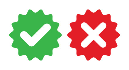 Obraz premium Approval and Rejection Badge vector Icons with Check and Cross Symbols. Green tick mark and a red cross isolated on white background