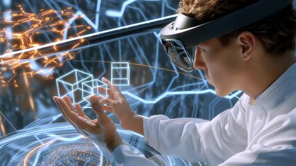 Young scientist wearing augmented reality headset manipulating holographic cubes, interacting with futuristic interface in a technological laboratory - Powered by Adobe