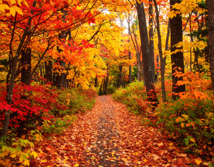 Obraz premium Autumn Path: Vibrant Fall Foliage Forest Trail Photography