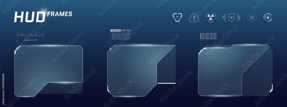Poster cyberpunk dashboard with white and blue hud panels, ui buttons and lower third bar. futuristic tech 
