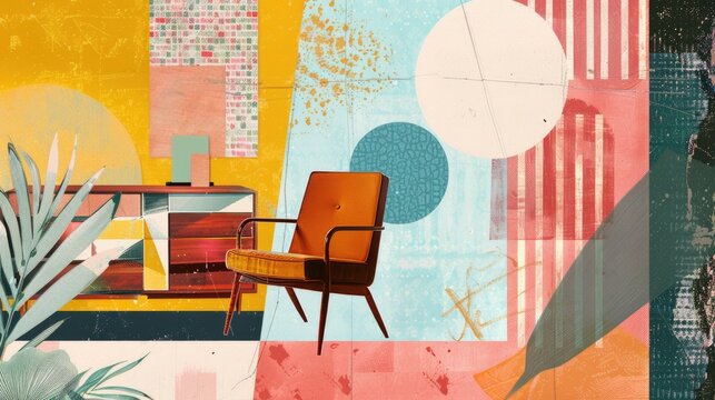 Abstract modern furniture mid-century collage interior scene with geometric shapes and textured background with paint splashes