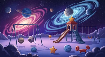 A whimsical playground scene set against a backdrop of swirling galaxies, planets, and stars.