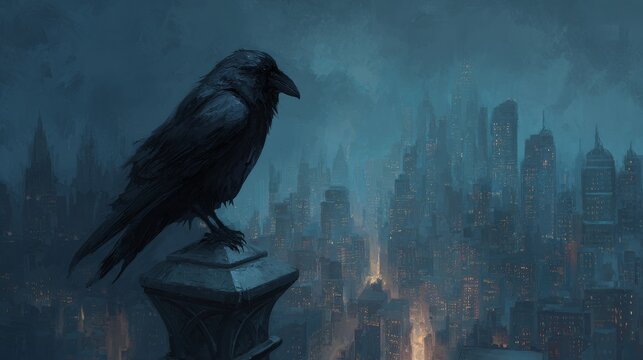 Raven overlooking urban nightscape with mysterious atmosphere