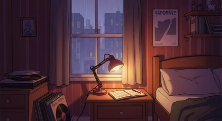 Cozy bedroom scene at dusk, with a reading lamp and city view.