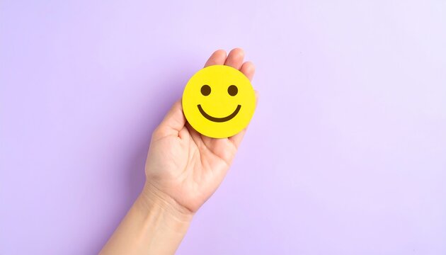Hand Holding Smiling Emoji on Purple Background