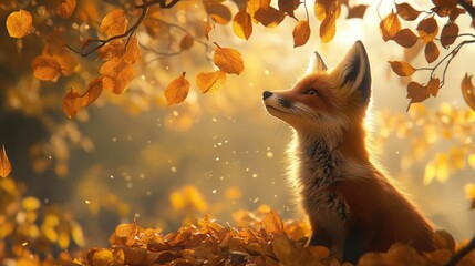 Fototapeta premium A young red fox standing under a canopy of autumn leaves