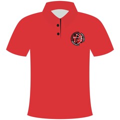 Red polo shirt featuring a basketball logo design for sports apparel.