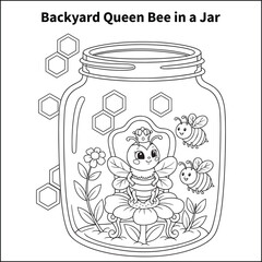 A majestic cartoon queen bee is resting on a flower throne inside a decorated jar. Add a small crown, two worker bees nearby, and honeycomb patterns around.