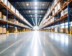 Wide shot of a warehouse interior.  Rows of stocked shelves