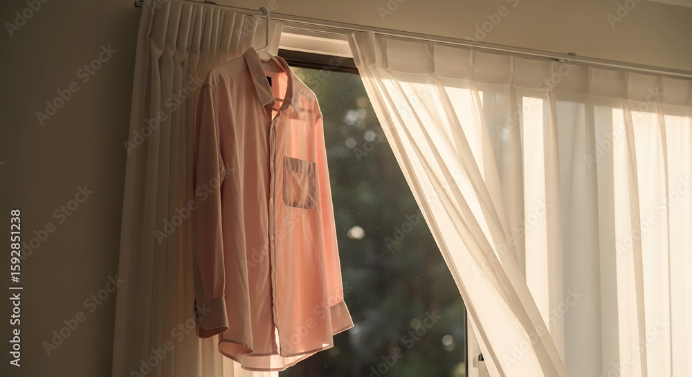 Aufkleber generic shirt hanging on a hanger in front of a window with white curtains and sunlight illuminating