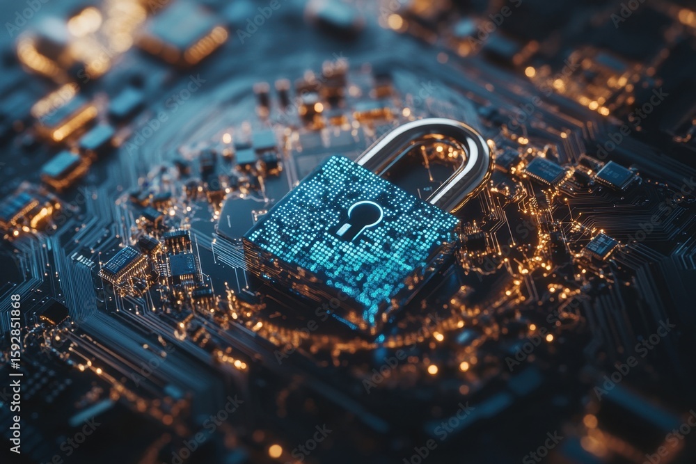 Poster globe with digital padlock over circuit board, dark background. concept of global cybersecurity and 