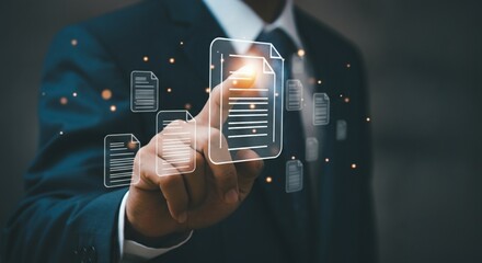 Digital Document Access – Businessman Using Virtual File Management Interface.