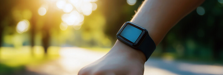 Fitness tracker on wrist during outdoor walk, wearable technology banner for health blog or wellness website, 3:1 header image in warm natural tones with copy space on the left


