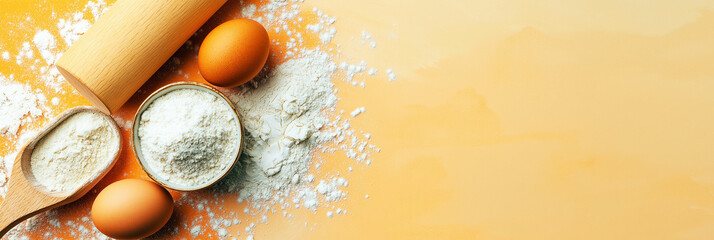 Baking ingredients banner with flour, eggs, and rolling pin for food blog or recipe website, 3:1 image in warm orange tones with right-aligned copy space for header or landing page use

