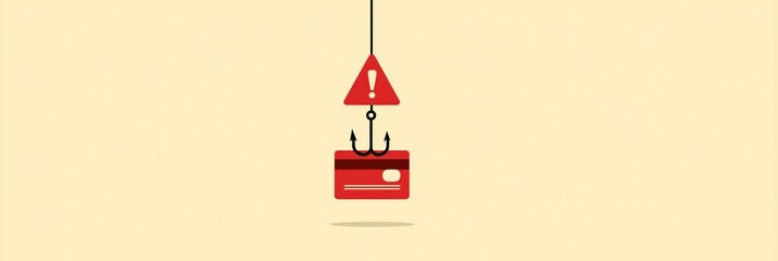 Phishing concept banner with hook and credit card icon, warning sign above, red and beige minimal illustration for cybersecurity blog or website header, 3:1 image with copy space on left