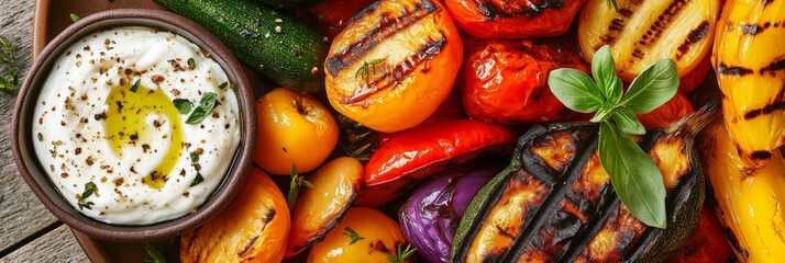 Grilled vegetables with yogurt dip close-up, vibrant food banner for healthy eating blog or cooking website, 3:1 header image with colorful tones and right-side composition

