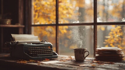 Vintage typewriter, steaming coffee mug, and autumn leaves on wooden desk by window