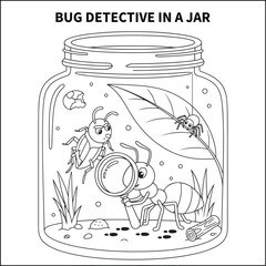 A mystery scene with a magnifying-glass-wielding ant investigating footprints. Add a shady beetle, a hiding spider, and clues like a lost crumb or cracked twig.