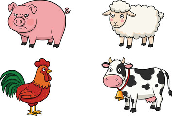 Cartoon farm animals set with cute pig, fluffy sheep, red rooster, spotted cow, standing poses, children’s illustration, agriculture icon