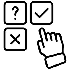 Multiple Choice Outline Icon Design Vector - Hand pointer selecting among multiple options including check, cross, and question mark, representing quiz or decision-making