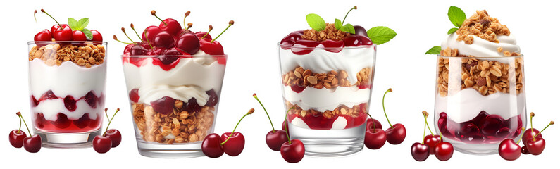 Set of cherry parfait and dessert glasses with whipped cream and fruit on white background