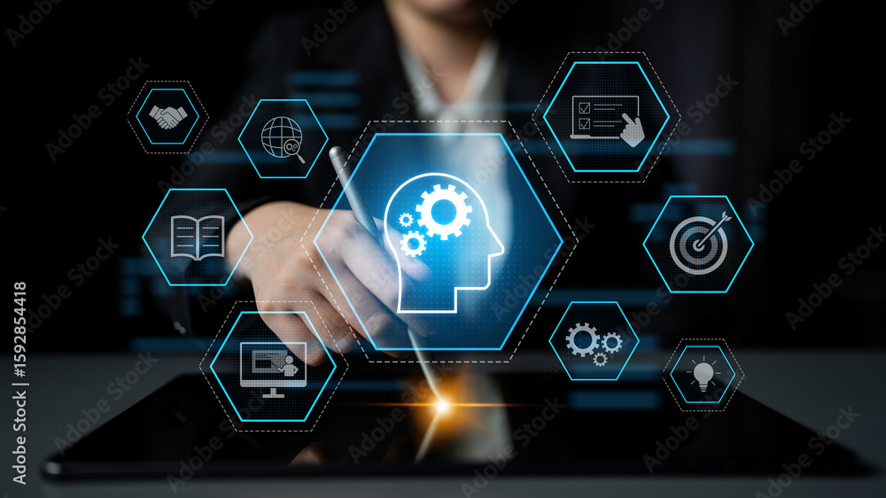 Poster head with gear and icons representing learning, digital training, and development process, showing s