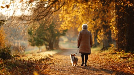 Fototapeta premium Elderly caucasian woman walking dog in autumn forest pathway surrounded by golden leaves