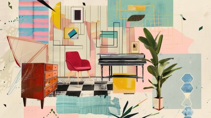 Abstract modern furniture mid-century collage interior scene with geometric shapes and textured background with paint splashes