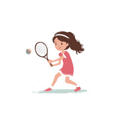 Cute 7-Year-Old Girl Playing Tennis Clipart &ndash; Vector Cartoon Illustration on White Background