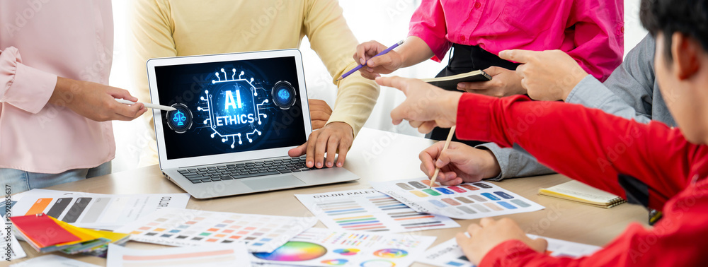 Poster ai ethics responsibility standard law and rules on computer screen provide report of ai ethic transp