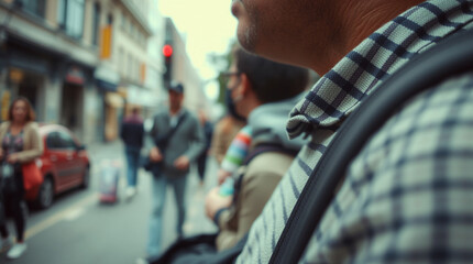 candid street scene, focusing on minute details of clothing; urban setting, spontaneous moment, shallow depth of field, emphasizing texture and pattern