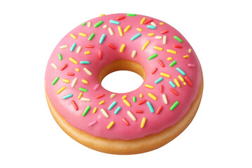 3d rendering of pink frosted donut featuring colorful sprinkles, floating against transparent backdrop, highlighting sweet culinary design