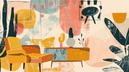 Modern interior design with abstract art and mid-century furniture in warm color palette on textured background