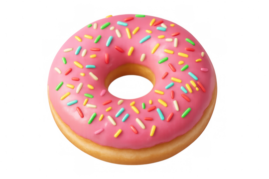 3d rendering of pink frosted donut featuring colorful sprinkles, floating against transparent backdrop, highlighting sweet culinary design